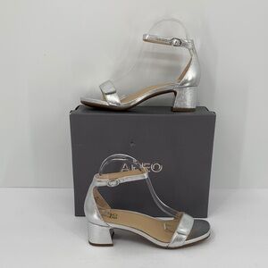ABEO Avenue ankle strap sandal shoe Silver metallic leather block heel new 8